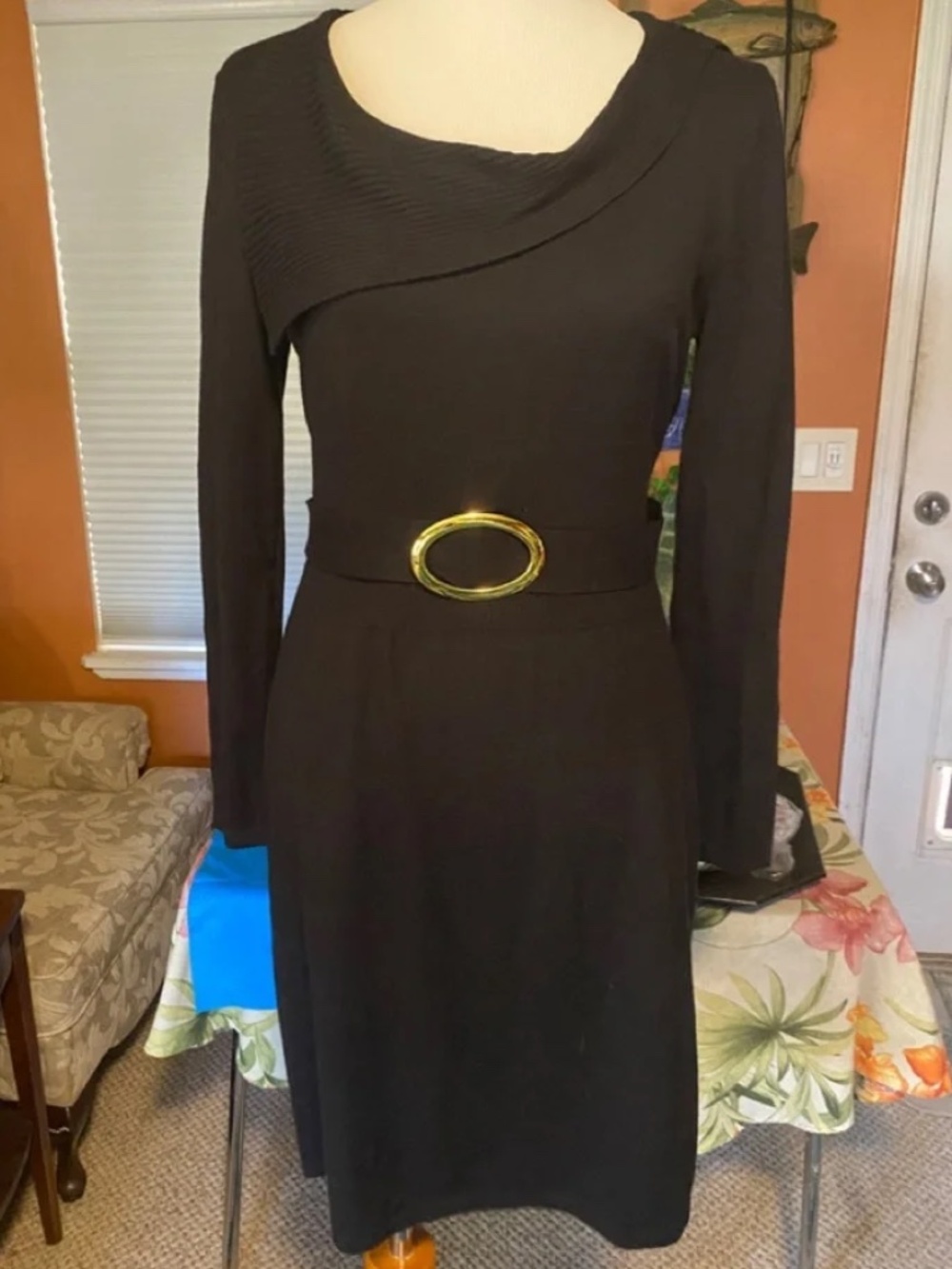 Spense Black Knit Long Sleeve Sweater Dress With Gold Buckle Belt Size S